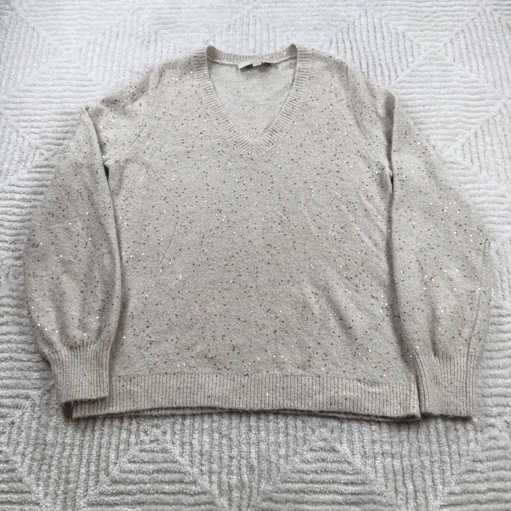 LOFT Sweater Small Sparkly V Neck Beige Sequin Metallic Knit Whimsical Artsy